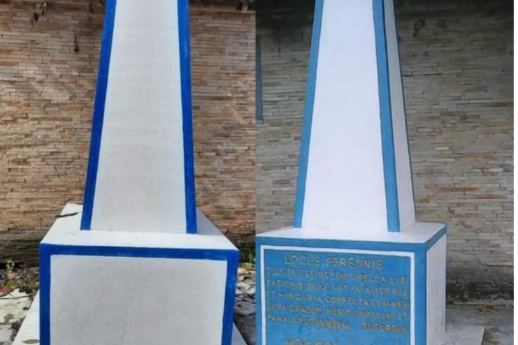 На Закарпатті випадково заштукатурили напис на знаку центру Європи