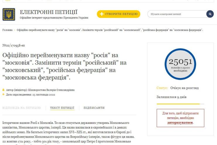 Петиція про офіційне вживання в Україні "Московія" замість "Росія" набрала необхідні 25 тисяч голосів
